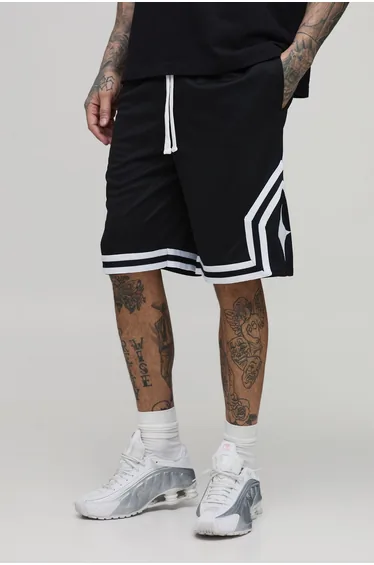 Tall Mid Length Mesh Tape Detail Basketball Shorts - black
