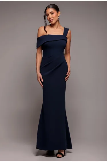 Goddiva Off The Shoulder Pleated Waist Maxi Dress - Navy
