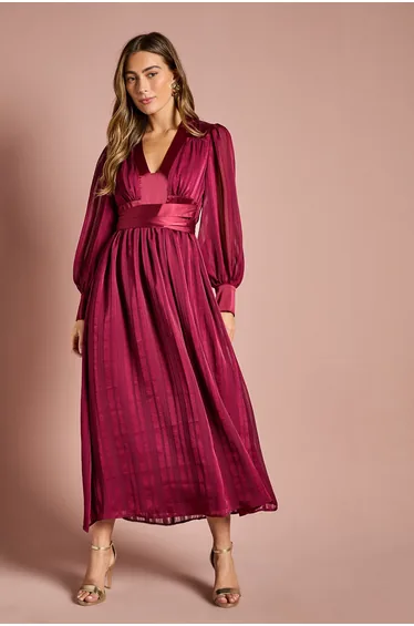 Long Sleeve Stripe Jacquard Maxi V Neck Dress