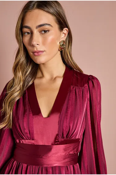 Long Sleeve Stripe Jacquard Maxi V Neck Dress