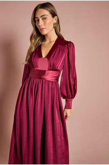 Long Sleeve Stripe Jacquard Maxi V Neck Dress