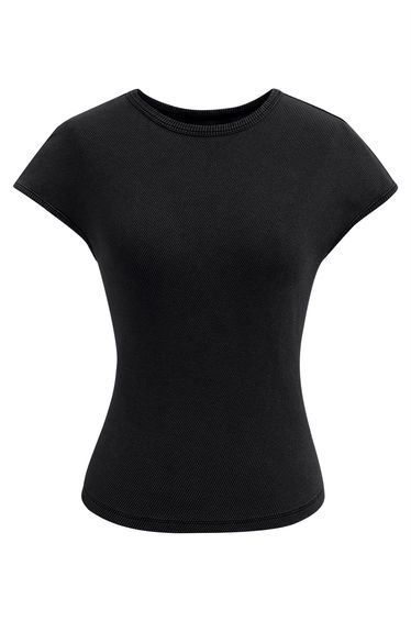 Solid Cap Sleeves Ribbed Top in Black