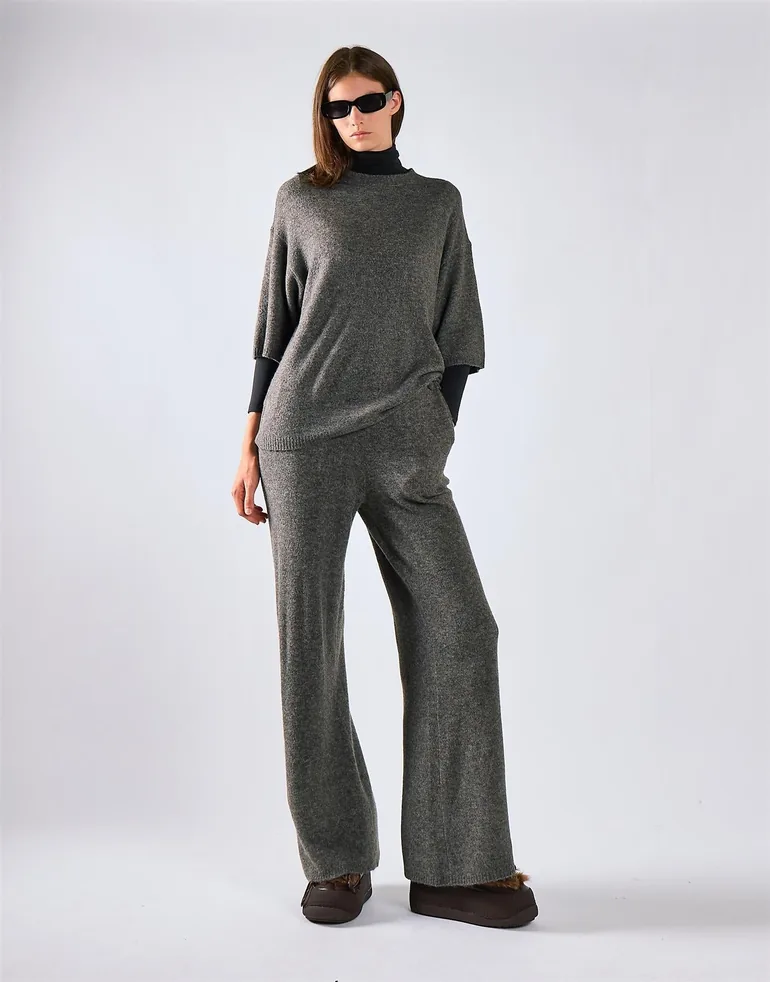 Charcoal Knitted Flare Trousers - 2