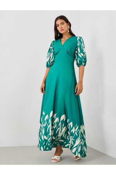 Printed Balloon Sleeves A-Line Maxi Dress