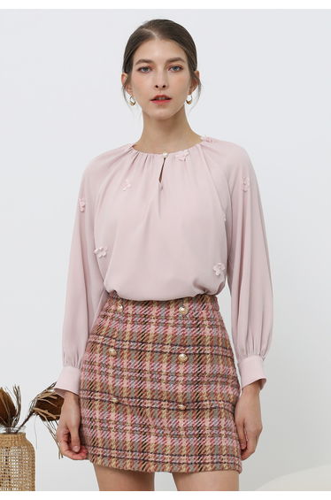 Golden Buttons Pink Plaid Wool-Blend Mini Skirt