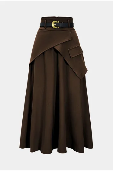 Belted Asymmetrical Ruched High Waist Skirt