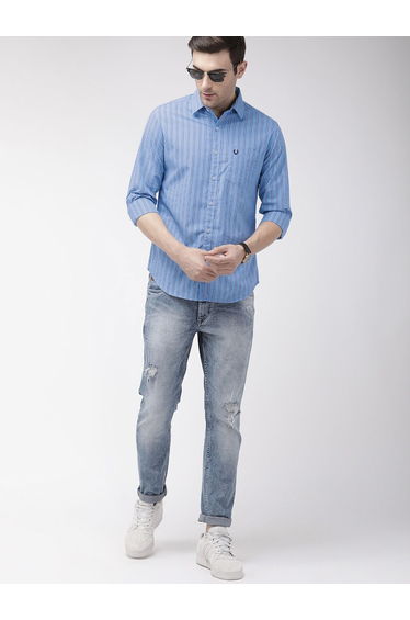 Men Blue Striped Spread Collar Shirt