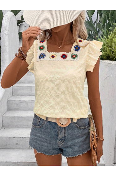 Women Beige Texture Embroidered Top