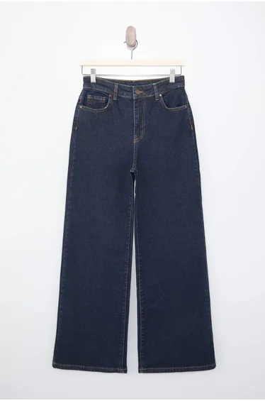 Dark Blue High Waist Medium Stretch Wide Leg Wide Leg Jeans
