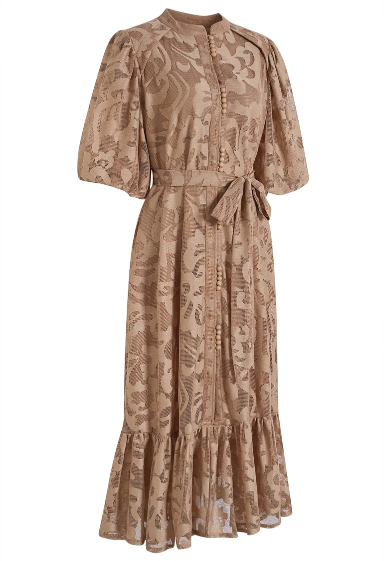 Floral Knitted Lace Puff Sleeves Tie-Waist Maxi Dress in Caramel for Dinner Gatherings & Celebrations - 9