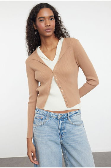 Camel Double Look Knitwear Cardigan