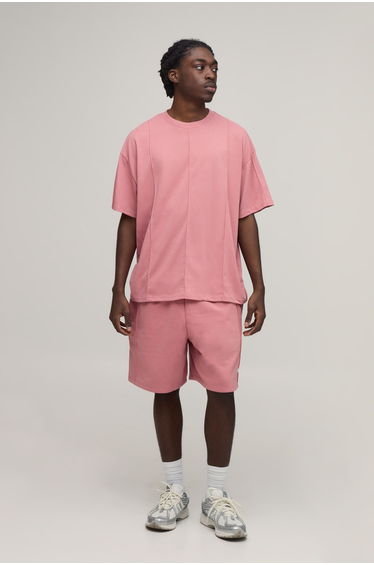 Man Sport Seam Detail Oversized T-Shirt & Baggy Short Set - dusty pink