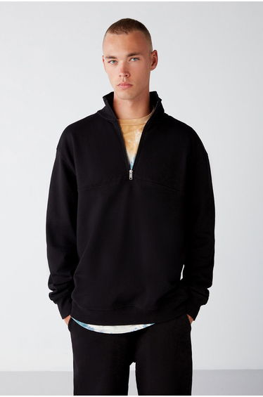 Frame Men's Half Zipper Stand Collar Soft Fabric Polar Fleece Regular Black Sweatshirt