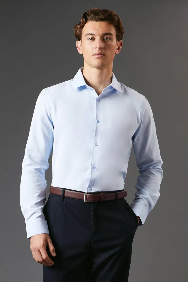 Long Sleeve Slim Fit Herringbone Shirt - 1
