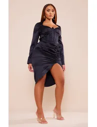 Shape Black Satin Corset Detail Long Sleeve Ruched Midi Dress - 2