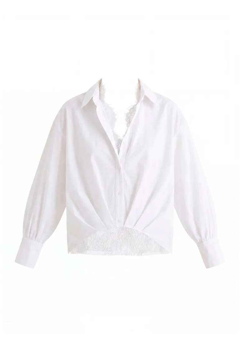 2-Piece Pleated Waist Shirt Set with Lace Cami Underlay - 5