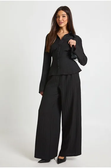 Textured Tie Back Shirt & Trouser Co-ord - black