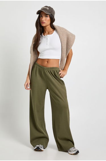 Petite Rib Wide Leg Trouser - khaki