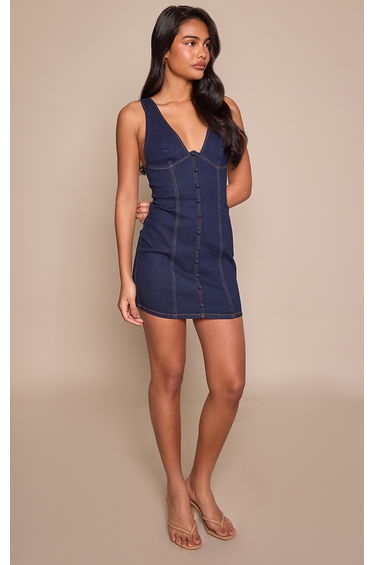 Indigo Covered Button Plunge Denim Mini Dress