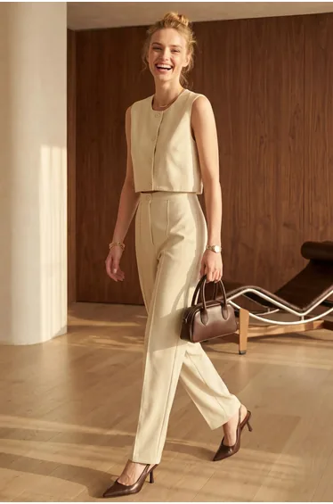 MY FASHION Crew Neck Crop Vest & High Waist Pants Two-Piece Set