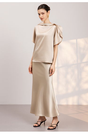 Pearl Boat Neck Flounce Cape Satin Top in Champagne