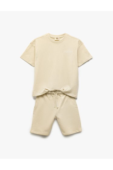 Cotton Crew Neck Short Sleeve Embroidered Top with Lace-Up Waist Shorts Set of Two