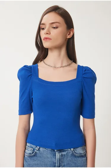 Women's Dark Blue Square Collar Corduroy Crop Blouse