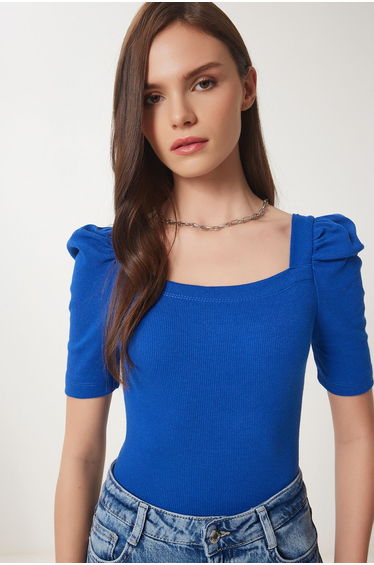 Women's Dark Blue Square Collar Corduroy Crop Blouse
