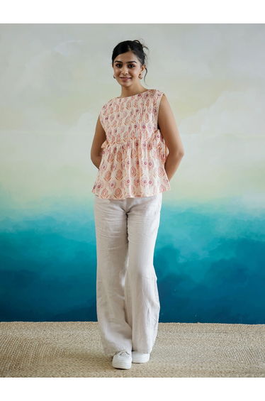 Floral Print Sleeveless Cotton Top with Side Tie-Up Detail