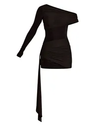 Black Slinky One Sleeve Drape Detail Mini Dress - 4