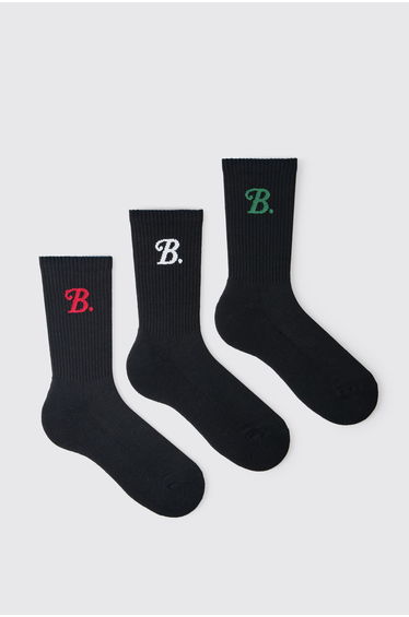 3 Pack B Jacquard Crew Socks - black