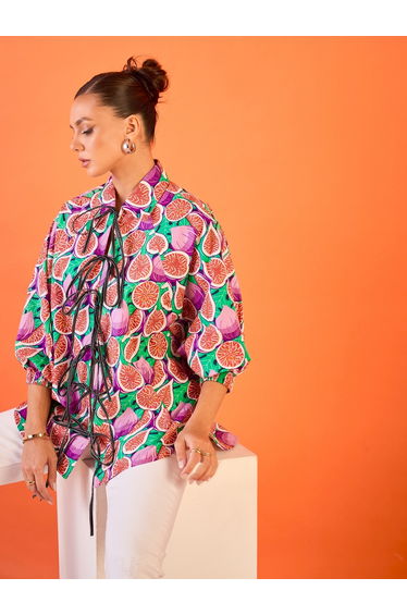 Multi Fig Print Front Tie-Up Longline Shirt