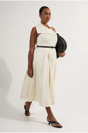 Plus Size Premium Linen Viscose Pinstripe Halter Neck Belted Full Skirted Midaxi Dress