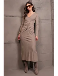 Women's Mink V-Neck Drape Detailed Knitwear Dress - 4