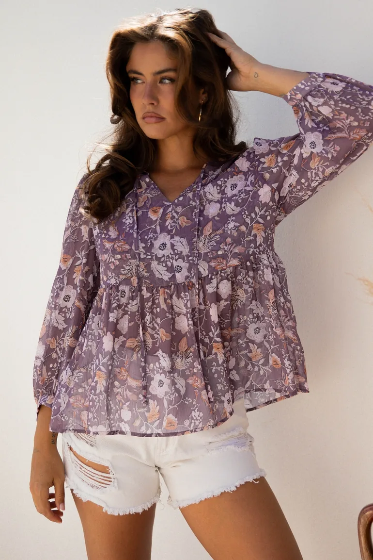 Lvness Blue Boho Flower Print 3/4 Sleeve Babydoll Blouse - 3