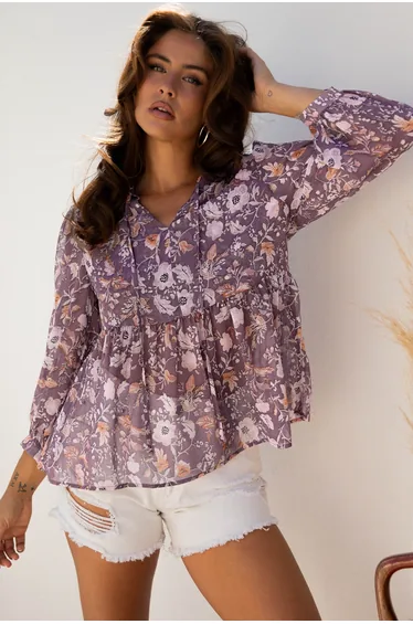 Lvness Blue Boho Flower Print 3/4 Sleeve Babydoll Blouse