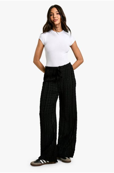 Drawstring crinkle texture trouser - black