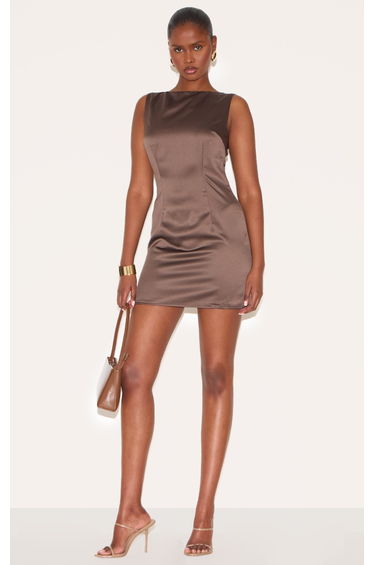 Taupe Satin Boat Mini Dress