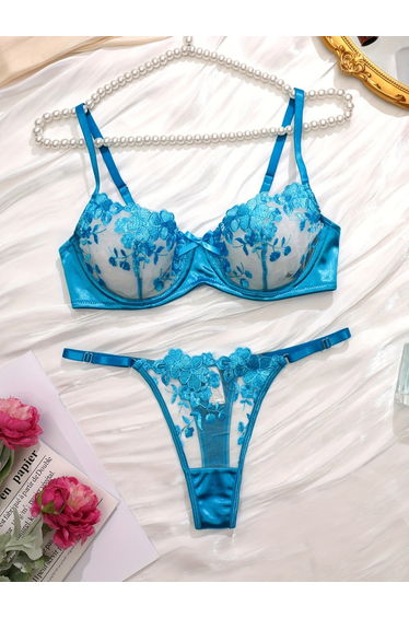 Blue Floral Embroidered Mesh Non Padded Wired Bra and Brief Set