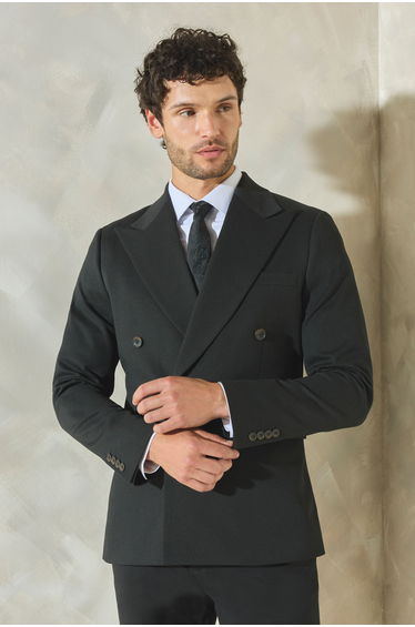 Black Textured Wide Lapel Double Breasted Blazer
