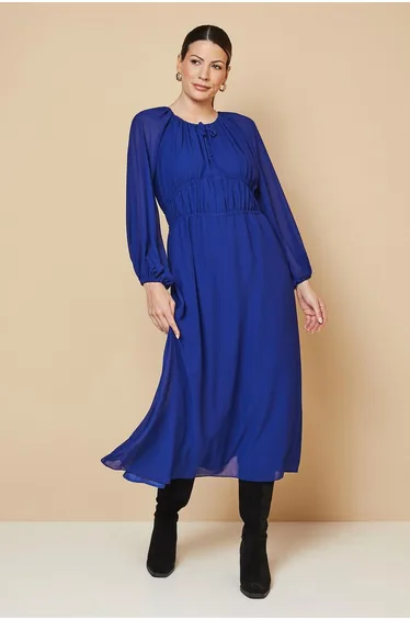 Woven Tie Front Waist Detail Midi Dress