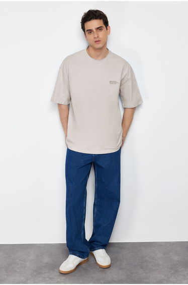 Stone Oversize 100% Cotton Crew Neck Minimal Text Printed T-Shirt