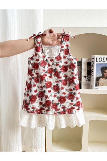Girls Floral Print Sleeveless Ruffle Hem Mini Dress