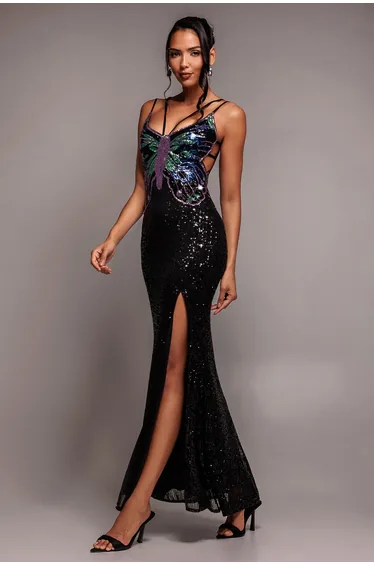 Goddiva Sequin Butterfly Front Split Maxi Dress - Black