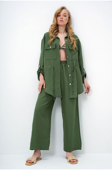 Women's Khaki Double Pocket Safari Jacket and Elastic Waist Wide Leg Aerobin Trousers Suit