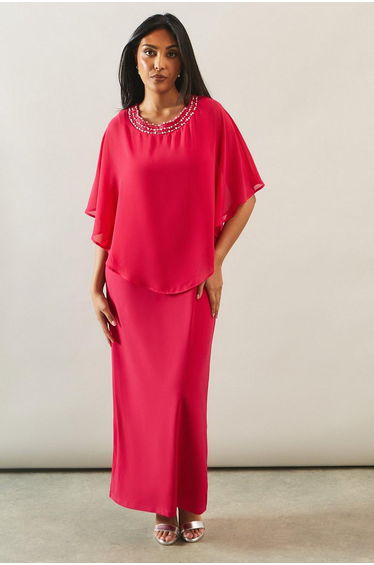 Petite Occasion Pearl Overlay Formal Maxi Dress