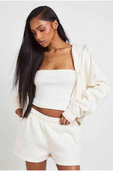 3 Piece Bandeau Hooded Short Tracksuit - ecru