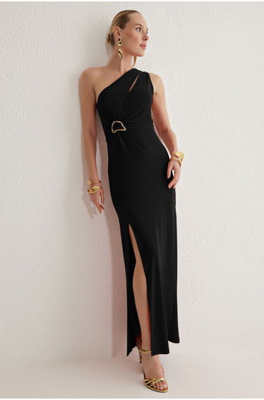 Black Body-fitting Accessory Detailed Knitted Long Elegant Evening Night Graduation Dress