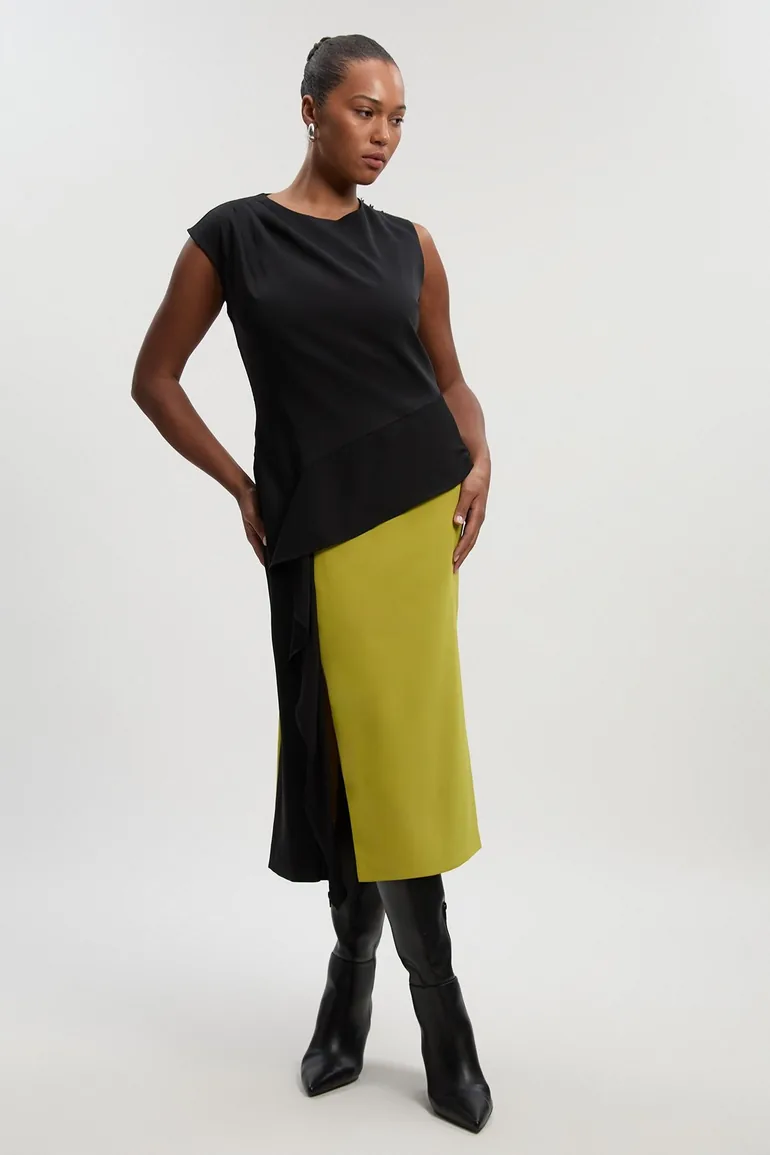 knee length dresses for ladies Asymmetrical Draped Midi Dress with Embellished Waist – Montania Shop
