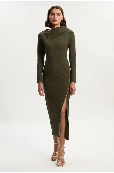 Ponte Envelope Neck Dress With Zip Split Detail